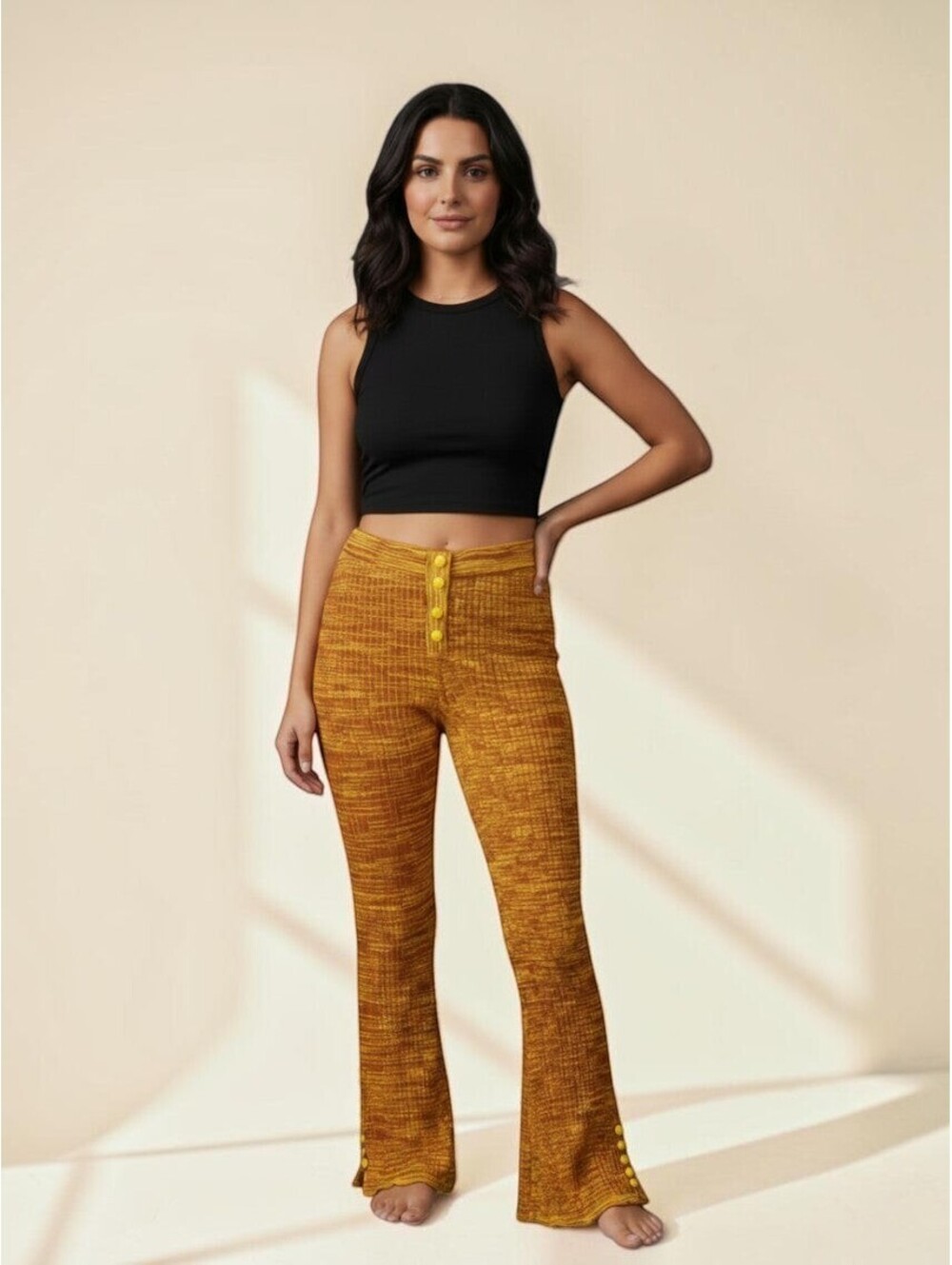 Live the Process Mustard Ribbed Flare Leggings Size S Petite NWOT